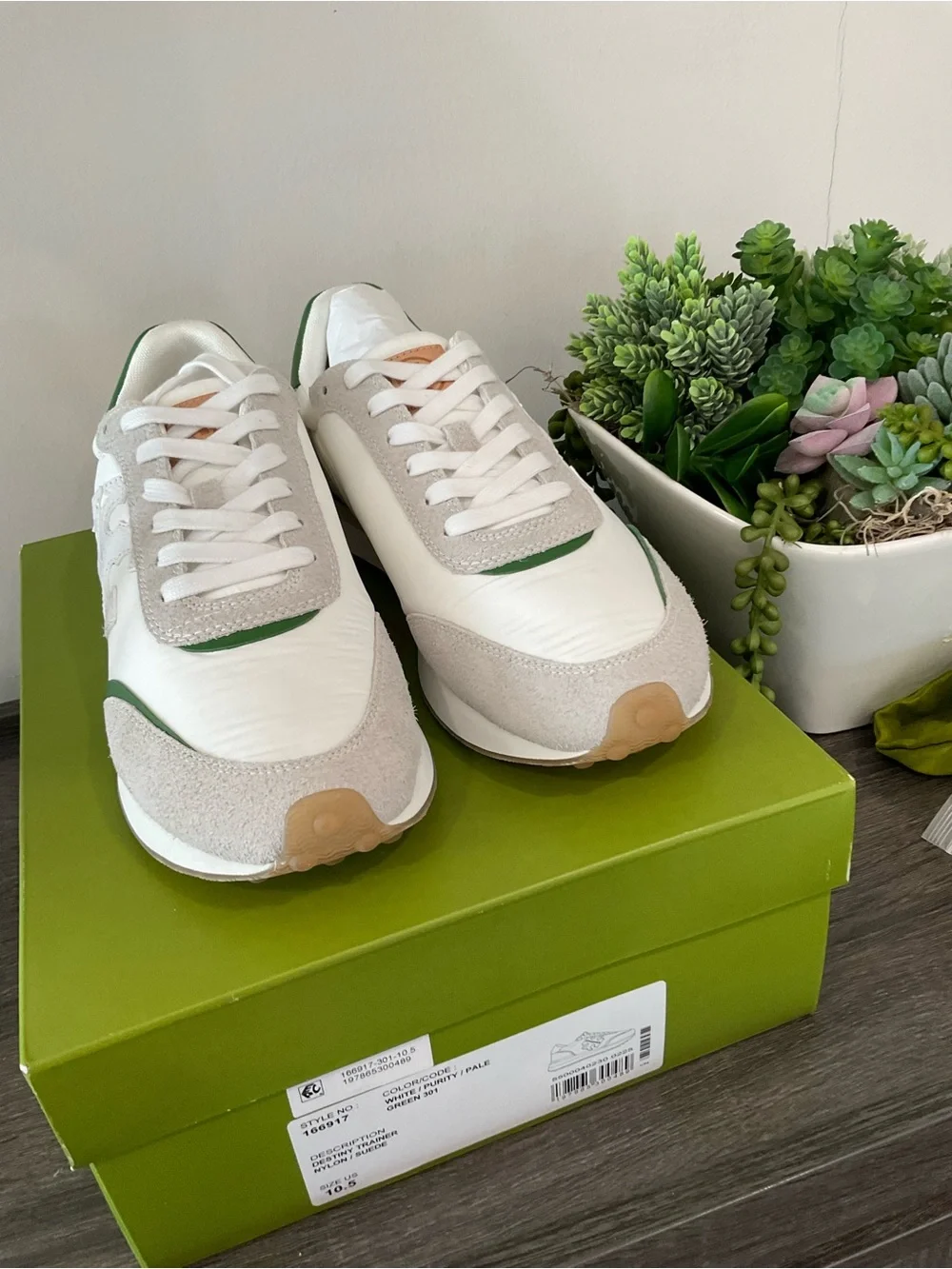 White & Green Leather Suede Sneakers
